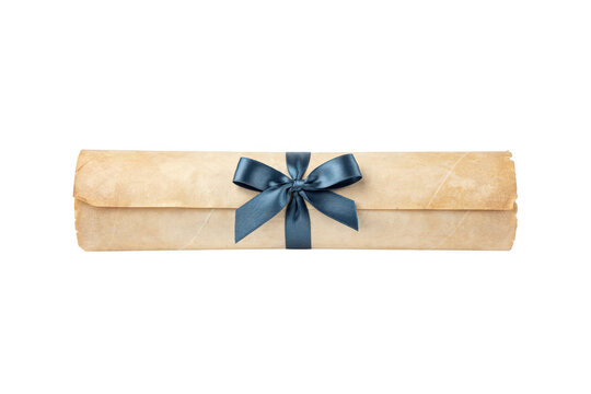A single rolled antique parchment scroll tied with a dark blue silk ribbon, positioned horizontally against a solid black background, isolated