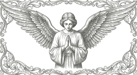 Obraz premium Vintage Engraving of Praying Angel with Wings in Ornate Floral Frame