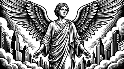 Obraz premium Black and White Engraving of an Angel over a City Skyline