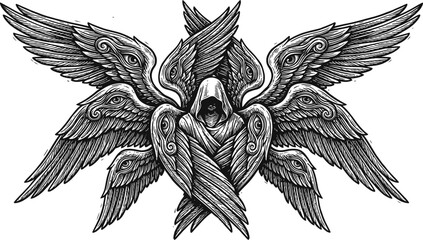 Obraz premium Biblically Accurate Seraphim Angel with Many Eyes and Six Wings Illustration