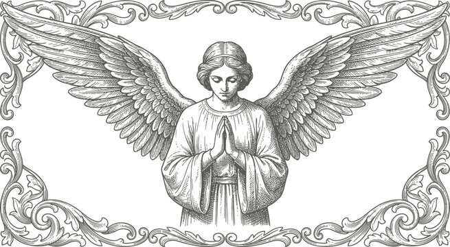 Vintage Engraving of Praying Angel with Wings in Ornate Floral Frame
