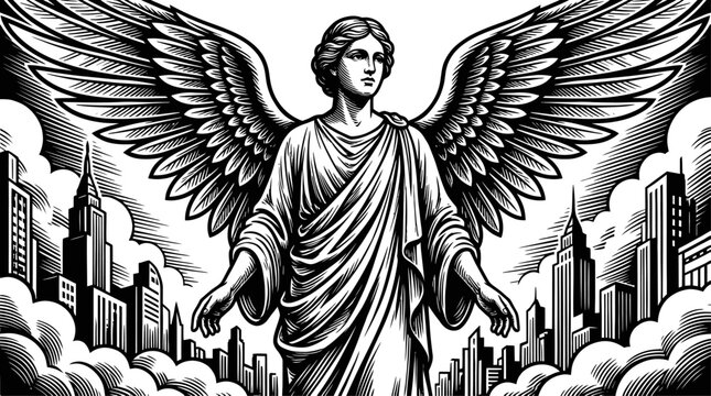 Black and White Engraving of an Angel over a City Skyline