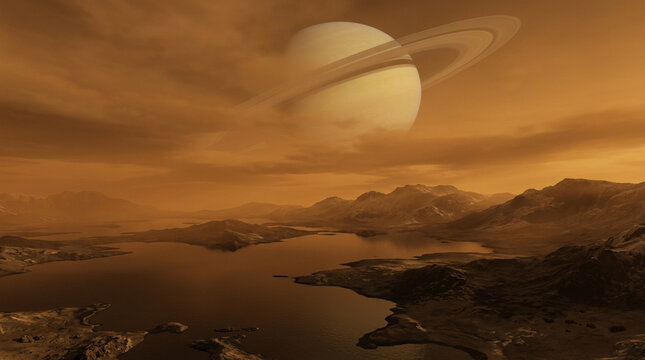 Cinematic alien planet landscape with ringed gas giant, rocky mountains and liquid lakes under orange sky, sci-fi extraterrestrial world scenery