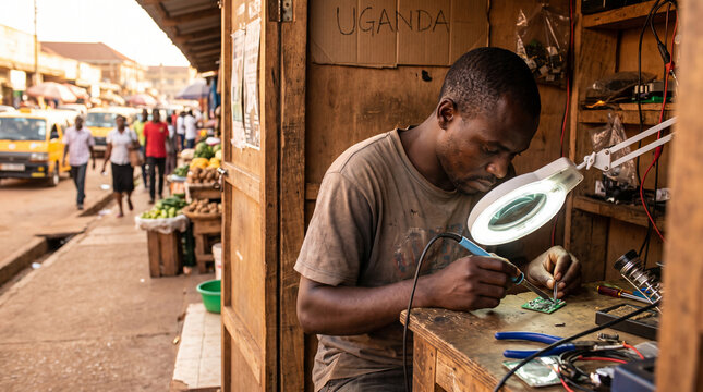 An African technician works diligently in his small roadside workshop repairing electronic circuit boards with a soldering iron and magnifying glass lamp on a busy street in Kampala Uganda.