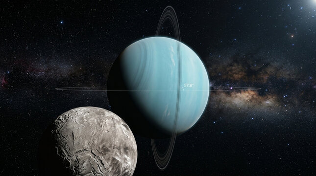 Uranus planet with rings and moon in deep space, ice giant planet in solar system, cinematic galaxy background with milky way stars