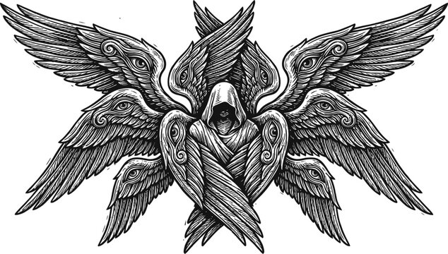 Biblically Accurate Seraphim Angel with Many Eyes and Six Wings Illustration