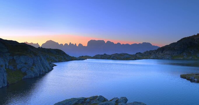 Fantastic sunrise over the Black Lake in the Dolomites