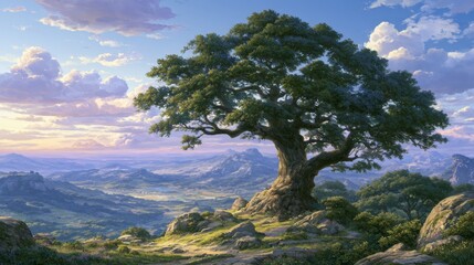 Fototapeta premium Majestic Tree on Rocky Landscape Under Dramatic Skies and Soft Light, Capturing the Beauty of Nature in a Serene Outdoor Setting