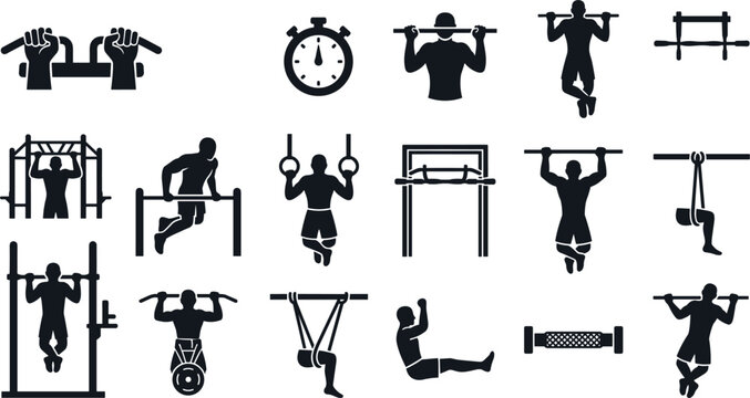 Calisthenics and Street Workout Silhouette Icon Set Featuring Pull Ups Gymnastic Rings Parallel Bars Stopwatch and Bodyweight Fitness Training Exercise Elements