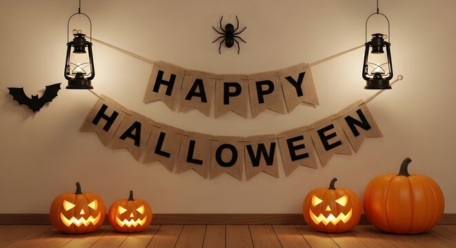 Happy halloween festive interior decoration with burlap banner, lanterns, and glowing carved pumpkins