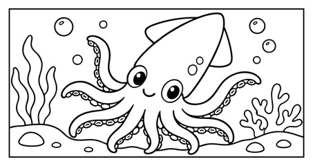 Cute Cartoon Squid Coloring Page for Kids with Seaweed and Coral Reef on Ocean Floor Background