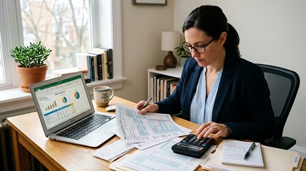 Fototapeta premium Businesswoman working with laptop at desk. Female professional analyzing data and documents in modern office environment.