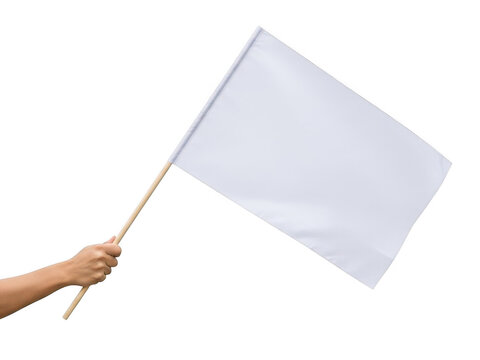 A hand holding a blank white flag on a wooden stick isolated on transparent background
