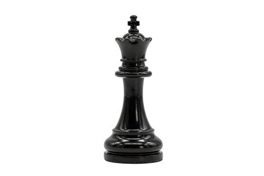 A single black chess queen piece standing upright, polished plastic gaming figure, strategy board game isolated on black background