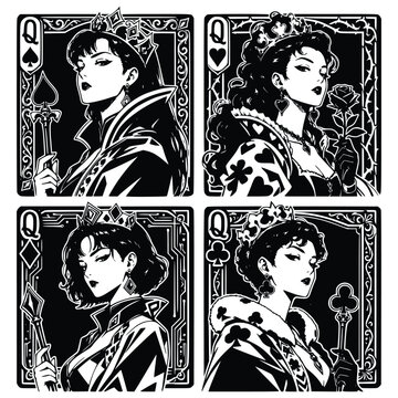 Black and White Anime-Style Queens of Playing Cards Collection