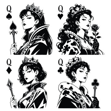 Elegant Queen Playing Card Characters Set in Black and White Vector Illustration
