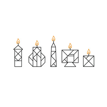 Geometric Line Art Candles Set, Minimalist Candle Icons with Flames