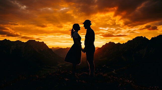 Silhouette of a loving couple holding hands and gazing at each other against a vibrant sunset over a mountain range, capturing a moment of deep connection and romance