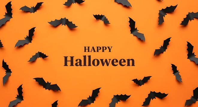 Happy halloween background with black paper bats on orange surface