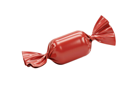 A single candy piece wrapped in vibrant red metallic foil, featuring twisted ends and a smooth, glossy surface, isolated on a black background