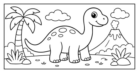 Cute Cartoon Dinosaur Coloring Page for Kids with Volcano Palm Tree and Clouds in Prehistoric Landscape © Hokyubi
