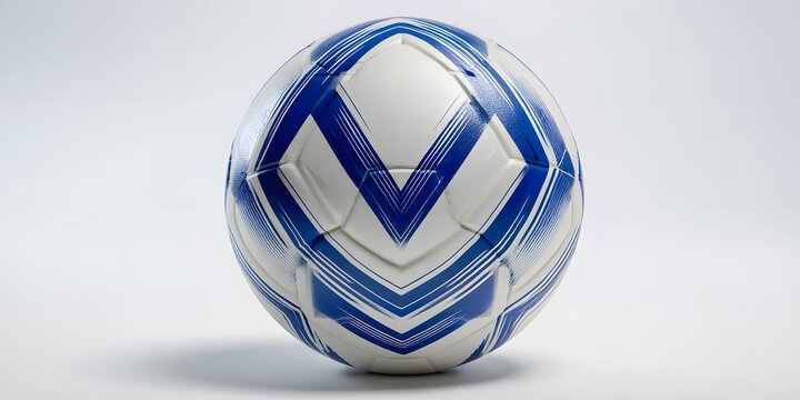 A white football with blue chevron patterns and hexagonal panels stands isolated on a neutral surface.