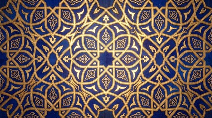 Fototapeta premium Intricate golden geometric pattern on a deep blue background inspired by traditional Islamic art.