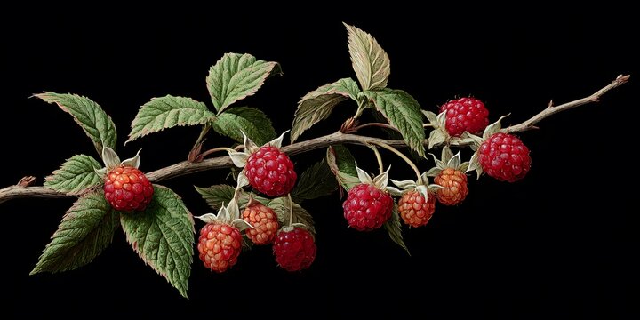 A slender branch supports clusters of ripening red and orange drupelets alongside textured green leaves on a black background.
