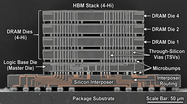GPU HBM Memory Stack Logic Die DRAM Dies Stacked TSVs Microbumps Interposer Macro SEM Style