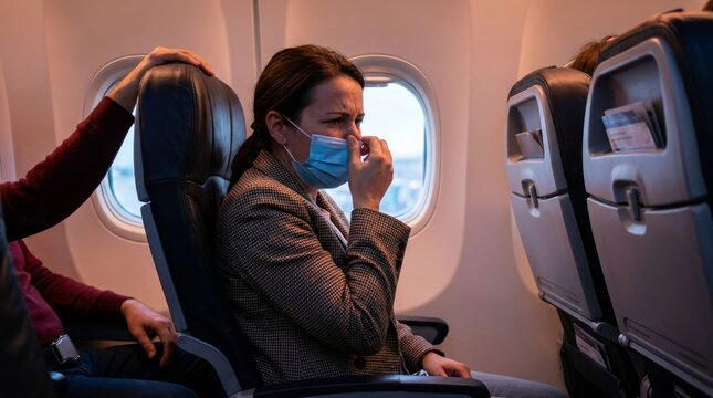 Worried traveler with face mask on aircraft during journey in the midst of the covid 19 health crisis