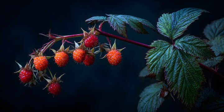 Red and orange berries growing on a dark branch with green leaves