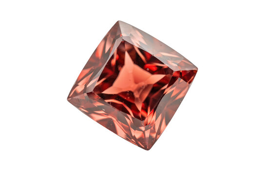 A single princess cut red gemstone with sharp facets and a deep orange hue isolated against a solid black background, for jewelry