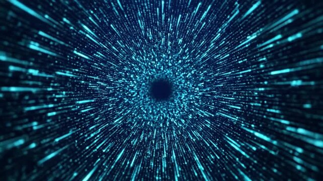 Abstract blue light streaks accelerate into dark circular void with copy space