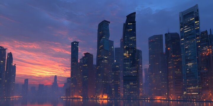 Modern glass skyscrapers illuminate against a vibrant sunset sky over a calm body of water.