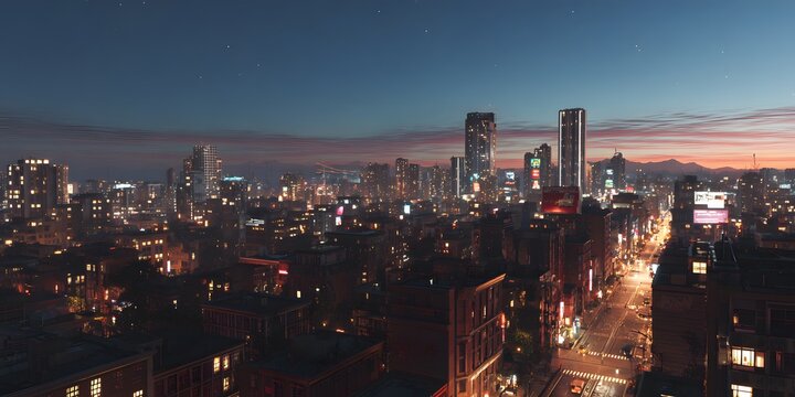 A panoramic cityscape unfolds under a twilight sky with streaks of pink and purple clouds above illuminated skyscrapers and streets.