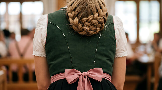 Back view of a woman with braided hair wearing a traditional alpine dress with a pink ribbon at a festive social gathering in a beer hall