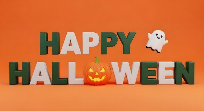 3d happy halloween text with a cute ghost and a glowing jackolantern pumpkin on an orange background