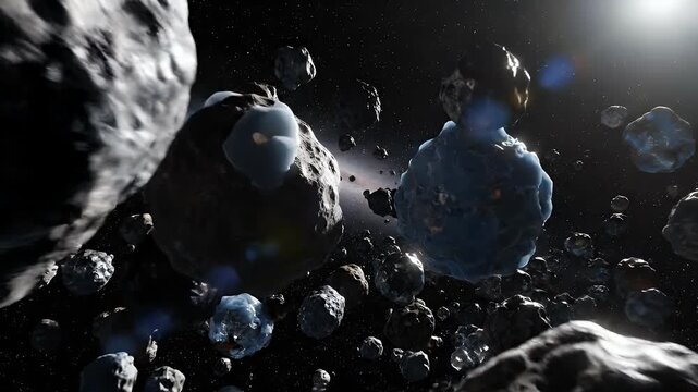 Asteroid belt in deep outer space with numerous rocky meteors and glowing sun illuminating the cosmos