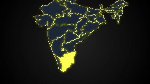 Animated glowing map of Tamil, India, with a highlighted outline on a dark background, ideal for geography, travel, news, and infographic projects.