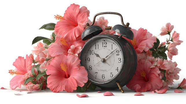 Vintage Alarm Clock with Rose Flowers Isolated on White Background, Classic Retro Timepiece for Morning Wake Up, Countdown, Deadline and Timeless Decor