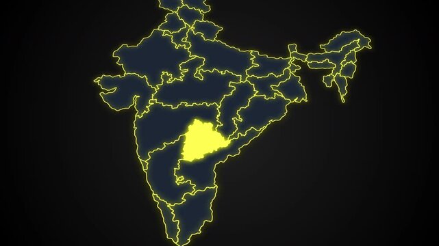 Animated glowing map of Telangana, India, with a highlighted outline on a dark background, ideal for geography, travel, news, and infographic projects.