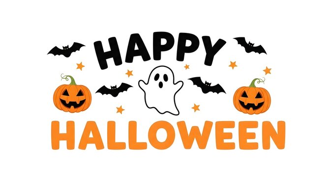 Happy halloween text with ghost, pumpkins, and bats