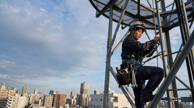 Professional technician climbing a high telecommunication tower wearing safety harness and helmet with a scenic urban city skyline and cloudy blue sky background during daytime.