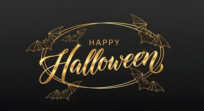 Happy halloween luxury greeting card design with golden glitter bats and elegant oval frame on black background
