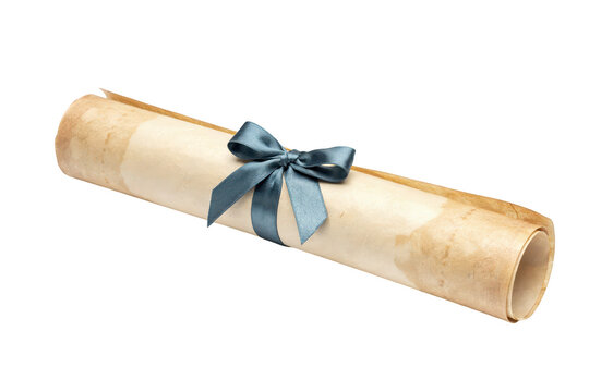 A single rolled antique parchment scroll tied with a dark blue silk ribbon, positioned at an angle against a solid black background, isolated