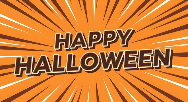 Happy halloween comic style text design with orange sunburst background