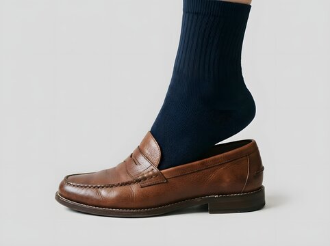 Foot wearing a navy sock stepping into a brown leather loafer