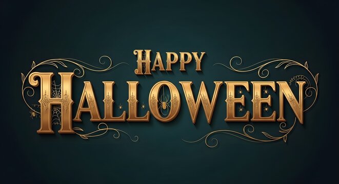 Happy halloween vintage typography design with golden ornate letters and spider web details on dark background