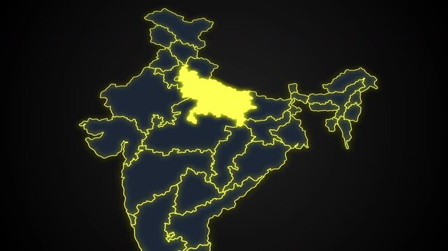 Animated glowing map of Uttar Pradesh, India, with a highlighted outline on a dark background, ideal for geography, travel, news, and infographic projects.