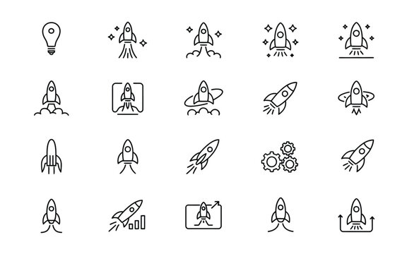 Vector line icon set featuring business rocket launch startup innovation growth technology creative idea strategy progress project future launchpad symbols.